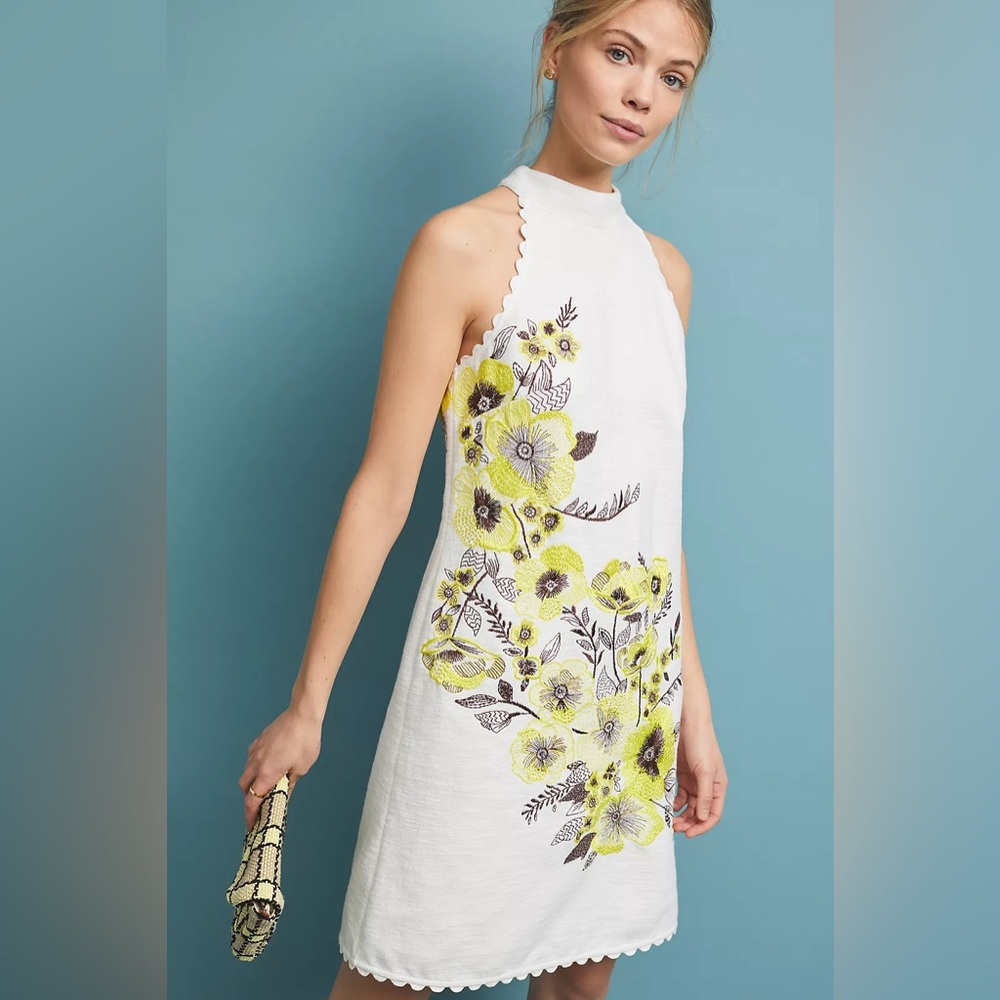 Anthropologie White High Neck Shift Petunia Dress